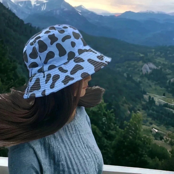Boutique Blue and Black Cow Print Fully Reversible Bucket Hat Trendy OSFM - Picture 3 of 6